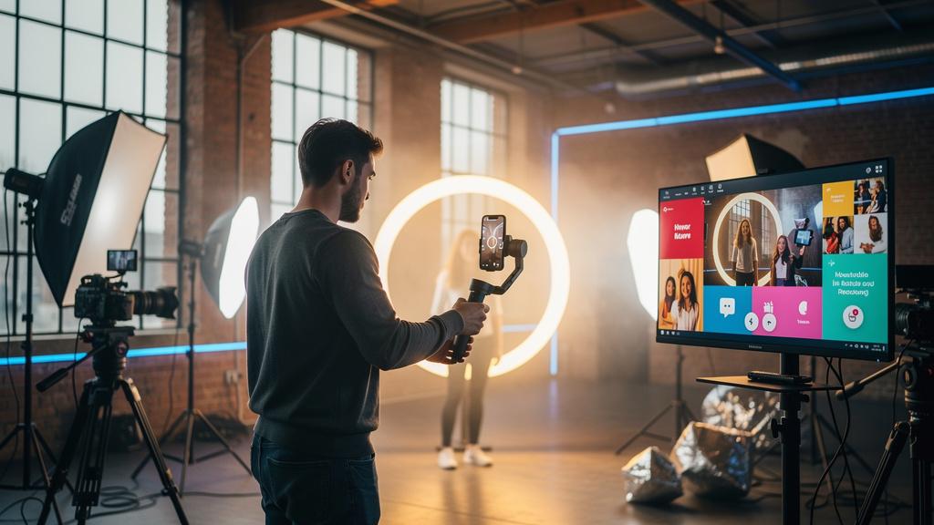 Content creation studio with ring light and camera gimbal — social media production